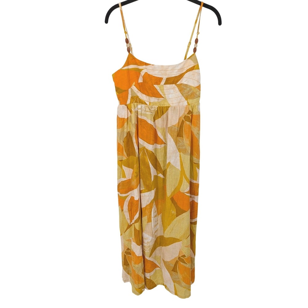 1.STATE Linen Blend Maxi Dress Womens Small Orange Yellow Leaf Beaded Boho NWT